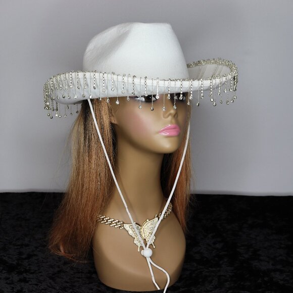 Accessories - Women's Cowboy Hat with Rhinestone Fringe - White